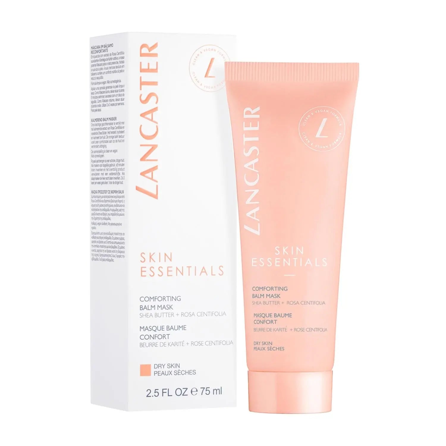 Lancaster Skin Essentials Comforting Balm Mask in 75ml jar, shown with smooth, creamy texture and elegant packaging.