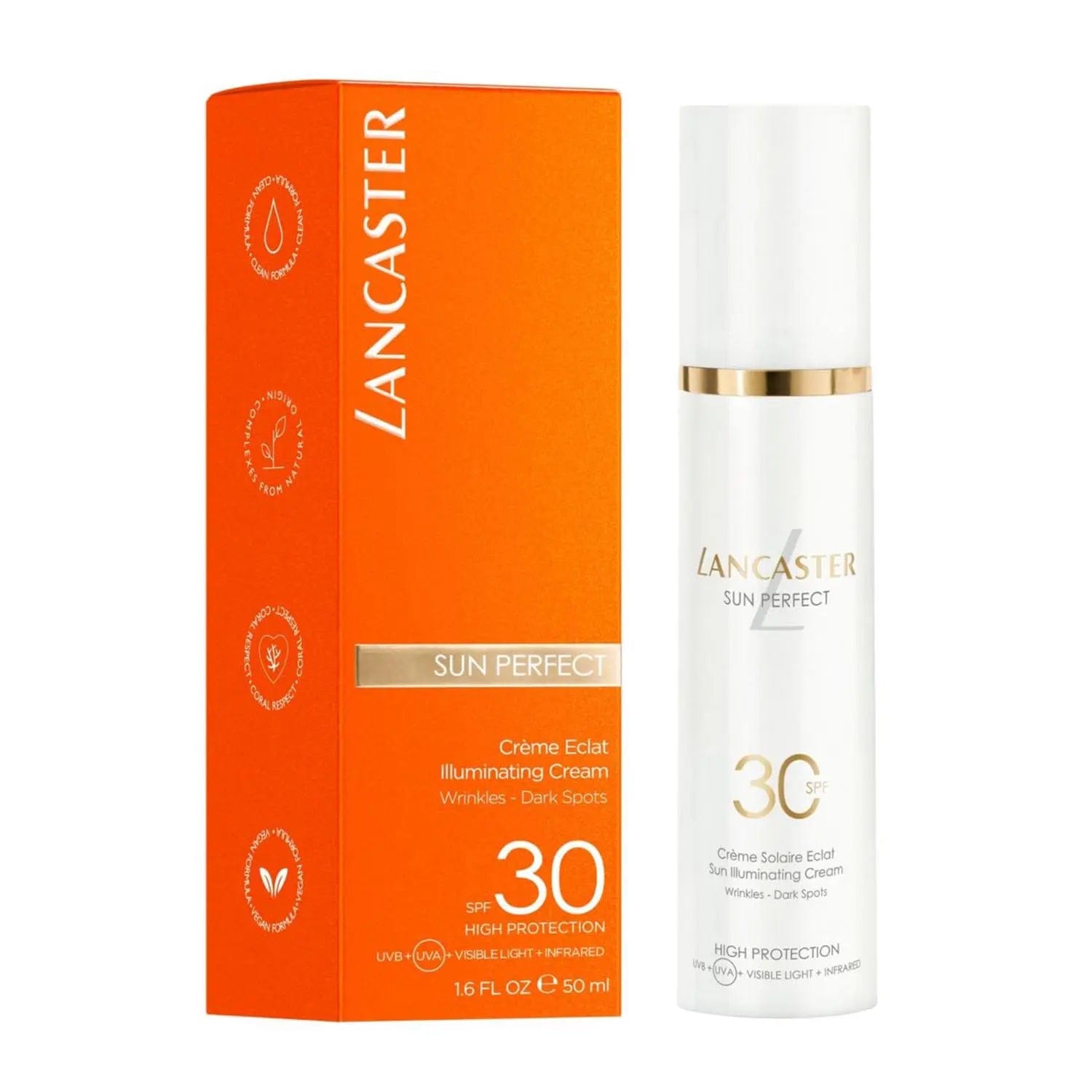 Lancaster Sun Perfect Illuminating Cream SPF30 with dark spots, 50ml jar, featuring a sleek design and light-reflecting finish.
