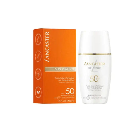 Lancaster Sun Perfecting Fluid with SPF 50 from Jag Couture London, 30ml bottle for wrinkles and dark spots protection.