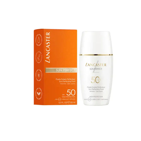 Lancaster Sun Perfecting Fluid with SPF 50, 30ml, designed to reduce wrinkles and dark spots, by Jag Couture London New York.