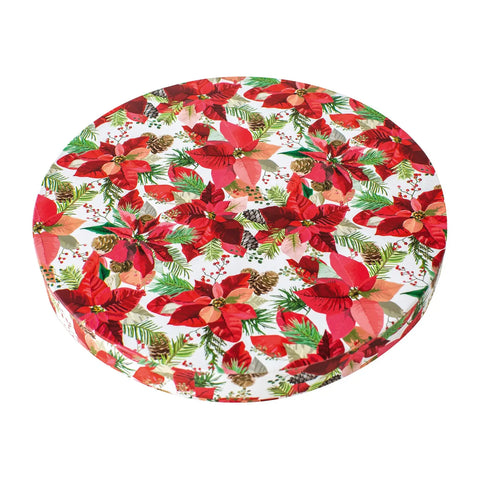 Large round rigid Christmas poinsettia box by Jag Couture London with pads and glassines, 30cm festive floral container.