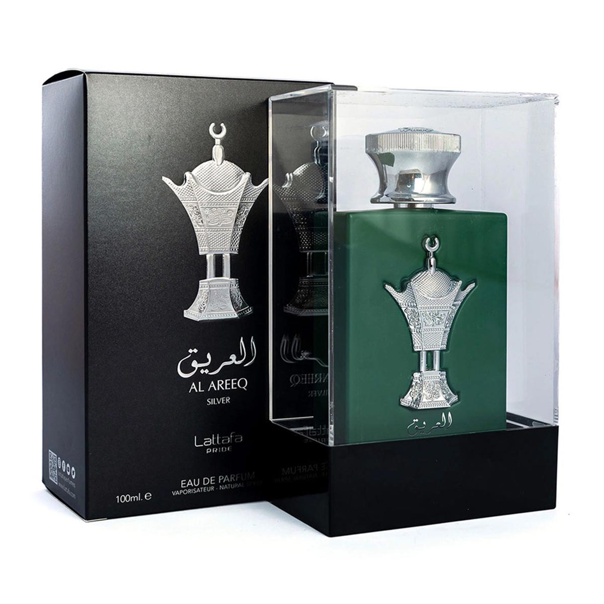 Lattafa Al Areeq Silver Eau De Parfum 100ml spray bottle, featuring a sleek design and silver accents, by Jag Couture London New York.