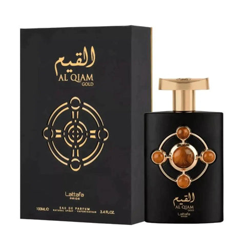 Lattafa Al Quiam Gold Eau De Parfum 100ml spray by Jag Couture London and New York, featuring a luxurious gold bottle with elegant design.