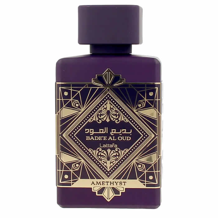 Jag Couture London BADEE AL OUD AMETHYST EDP spray, 100ml bottle, featuring luxurious lavender and oud notes in elegant packaging.