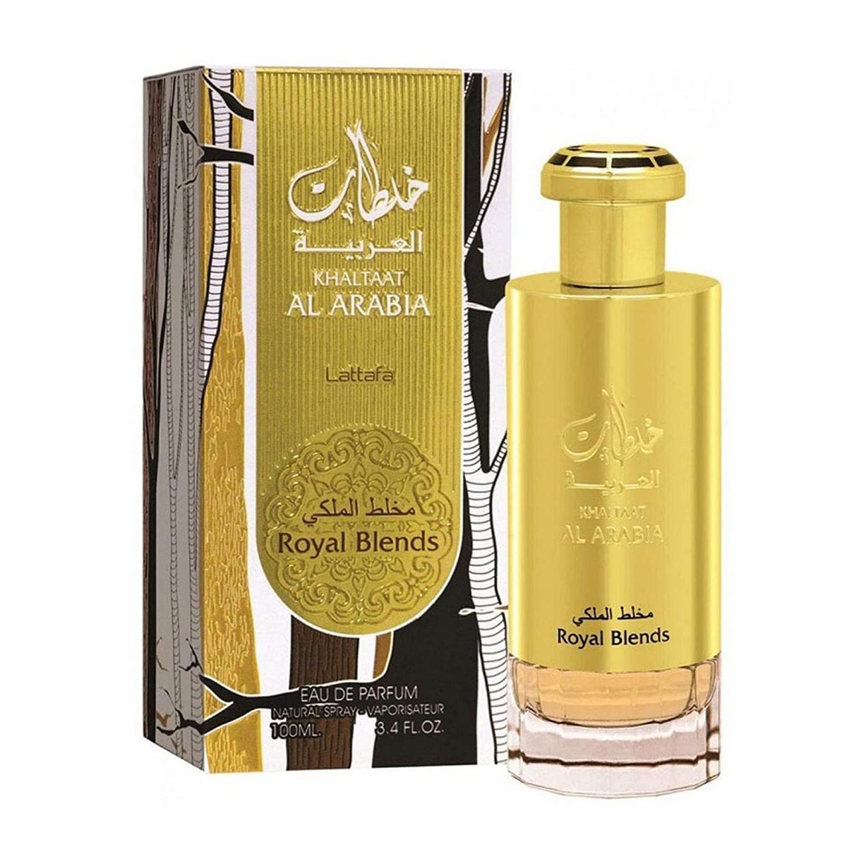 Lattafa Khaltaat Al Arabia Royal Blends Eau De Parfum 100ml spray with elegant bottle design.