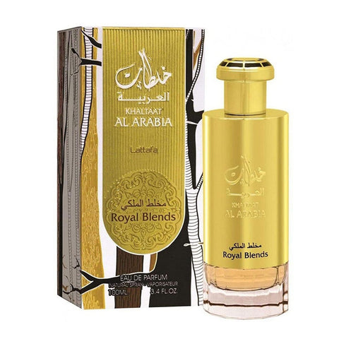 Lattafa Khaltaat Al Arabia Royal Blends Eau De Parfum 100ml spray with elegant bottle design.