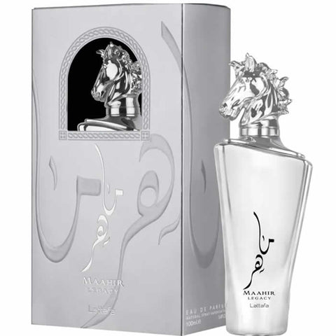 Jag Couture London - New York Lattafa Maahir Legacy Eau de Parfum spray 100ml, elegant bottle with a sophisticated design.