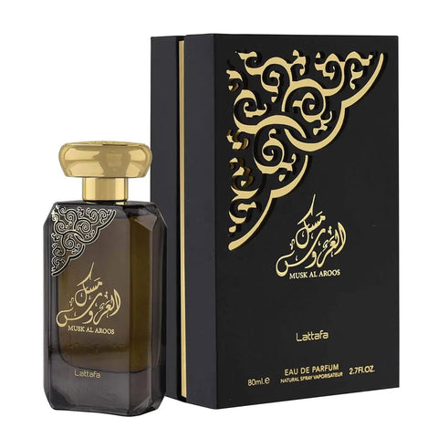 Lattafa Musk Al Aroos Eau De Parfum 80ml spray by Jag Couture London New York, showcasing the elegant fragrance bottle.