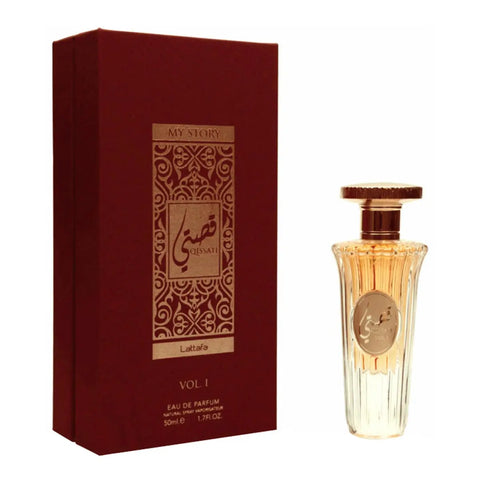 Lattafa My Story Vol 1 Eau De Parfum 50ml spray, featuring a sleek bottle with elegant branding, from Jag Couture London New York.