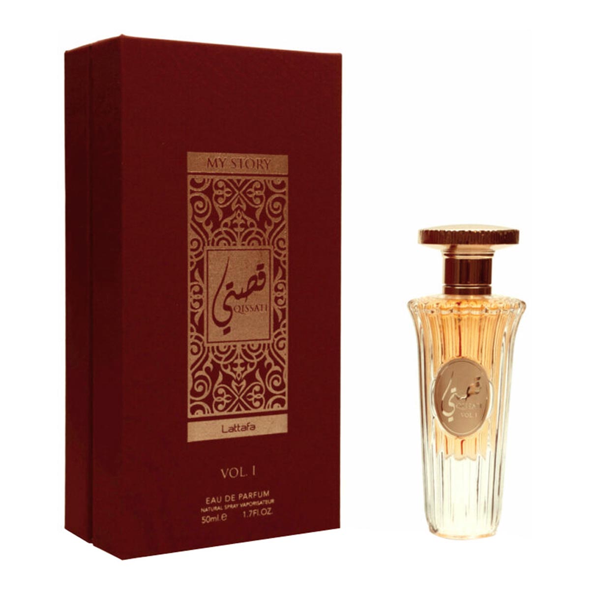 Lattafa My Story Vol 1 Eau De Parfum 50ml spray bottle with elegant packaging, showcasing the perfume's luxurious design.
