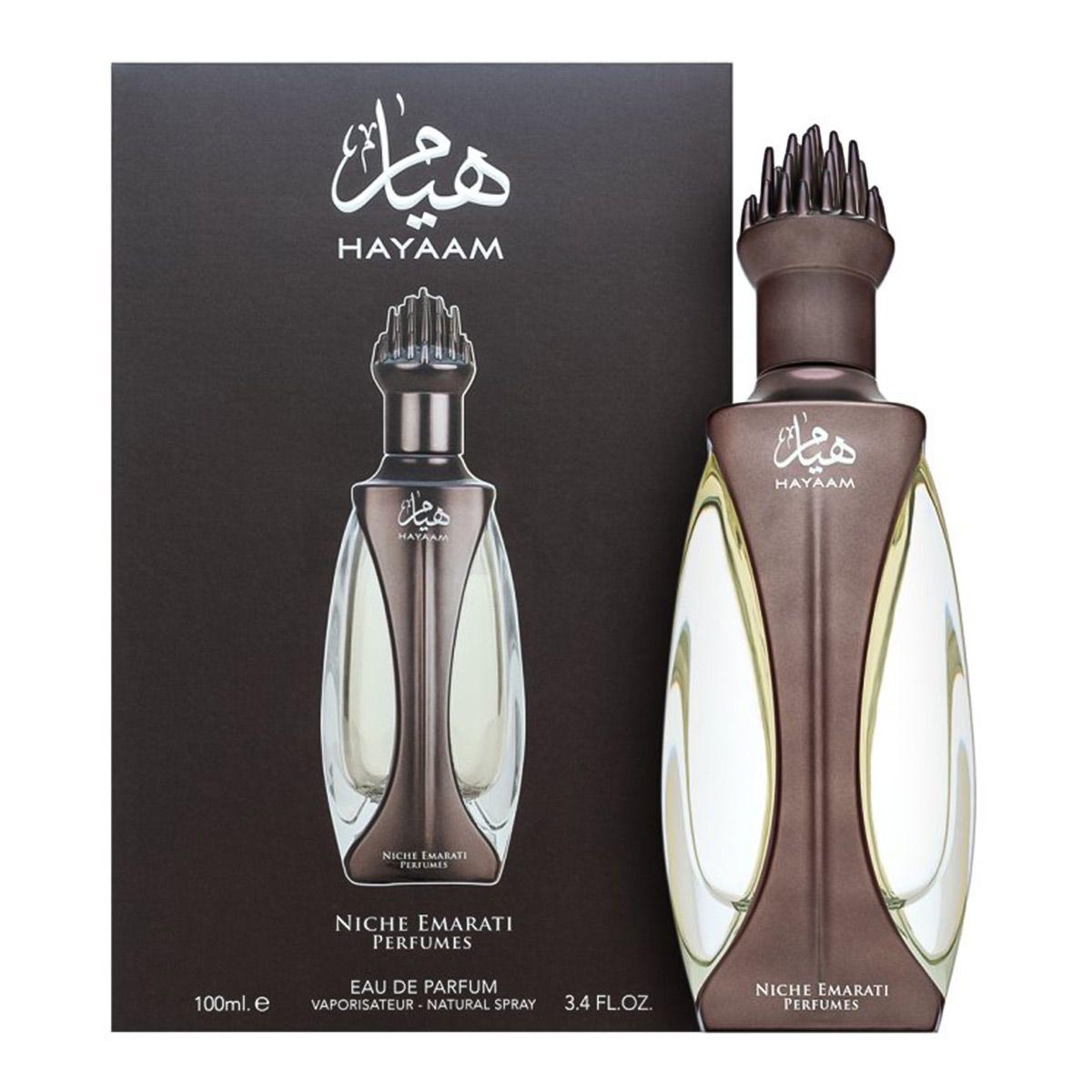 Lattafa Niche Emarati Hayaam Eau De Parfum 100ml spray bottle, featuring elegant packaging and luxurious fragrance.