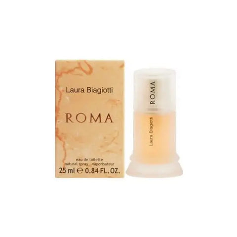 Laura Biagiotti Roma Eau De Toilette spray 25ml, elegant fragrance bottle with floral and citrus notes, displayed on a neutral background.