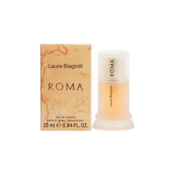Laura Biagiotti Roma Eau De Toilette spray in 25ml bottle, featuring elegant packaging and classic fragrance design.