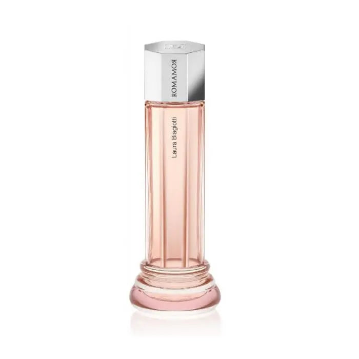 Laura Biagiotti Romamor Eau De Toilette spray 100ml with elegant bottle, showcased by Jag Couture London New York in the image.