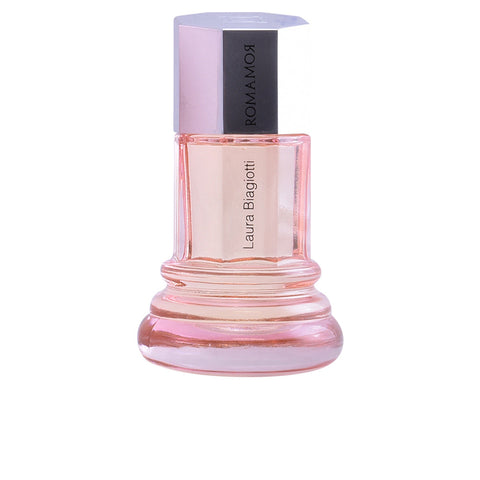Laura Biagiotti Romamor Eau De Toilette spray bottle, 50ml, with elegant packaging and floral design.