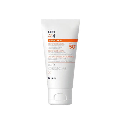 Leti At4 Defense Facial SPF50+ by Jag Couture London NYC in a 50ml bottle, shown with the product packaging and label.