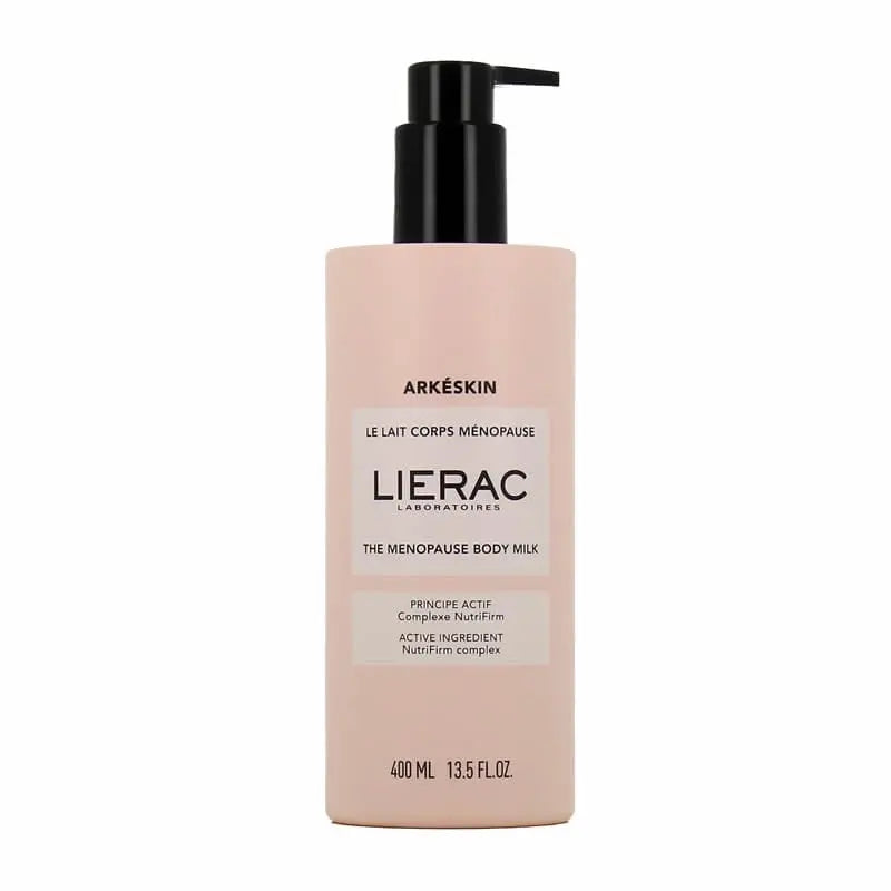 Lierac Arkéskin Menopause body lotion in 200ml bottle with a sleek design, displayed on a neutral background.