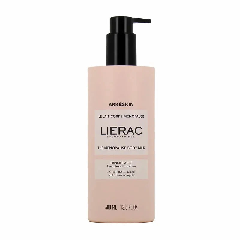 Lierac Arkéskin menopause body lotion 200ml on a white background, showing the sleek bottle and product label.