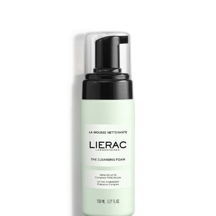 Lierac Cleansing Foam in 150ml container, shown with foam and clean skin, by Jag Couture London - New York.