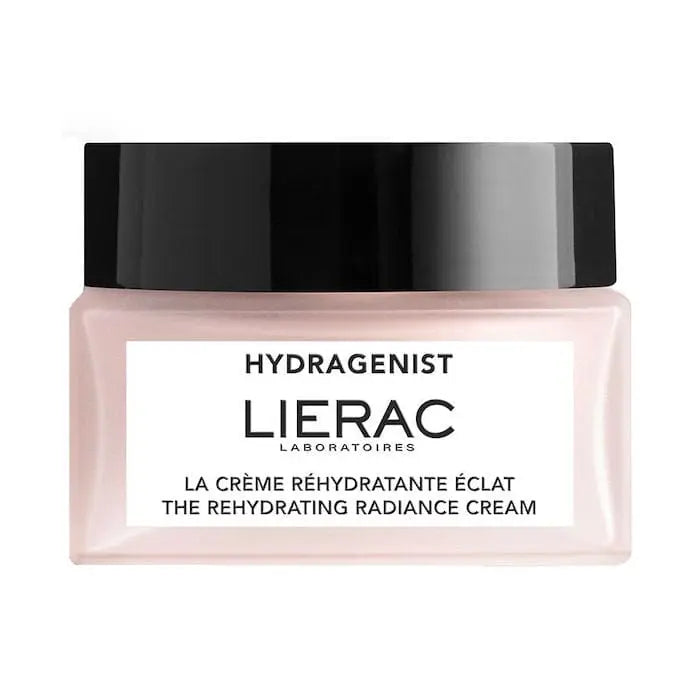 Lierac Hydragenist Illuminating Rehydrating Cream jar, 50ml, showcasing its sleek packaging and creamy texture for glowing skin.