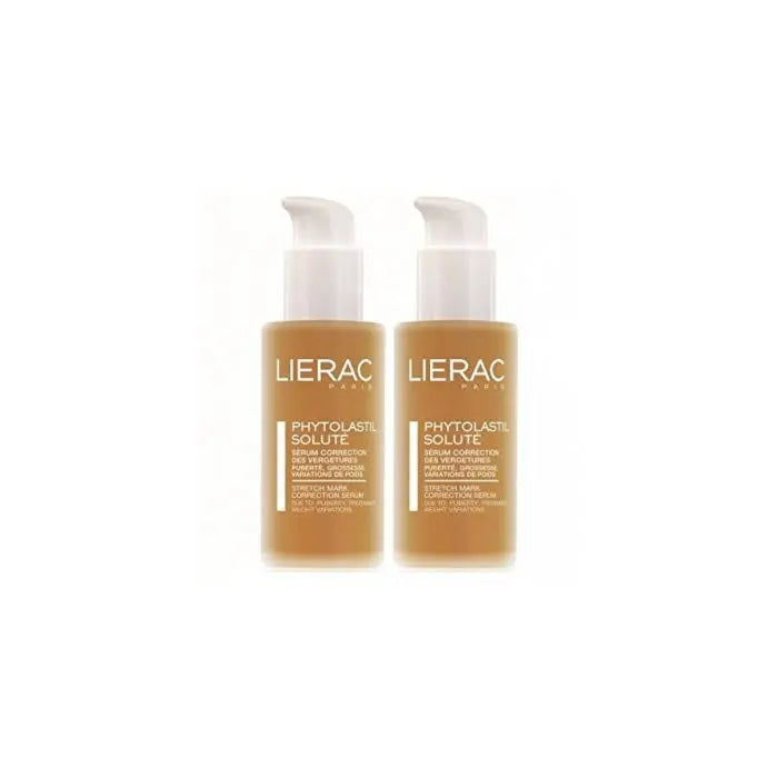 Lierac Phytolastil stretch marks correction serum in two 75ml bottles, designed to improve skin elasticity and reduce marks.