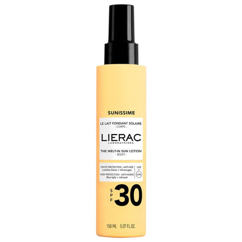 Lierac Sunissime Melting Sun Body Milk SPF30 in 150ml bottle, smooth creamy texture for sun protection on the skin
