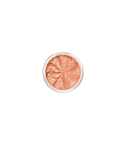 Lily Lolo Mineral Blush in Juicy Peach, a soft peach-colored powder blush, displayed on a clean white background.