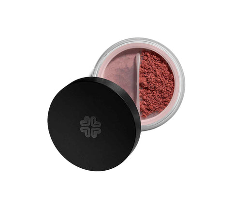 Lily Lolo Mineral Blush in Sunset by Jag Couture London - New York, showing a warm coral-pink blush compact with a mirror and brush.