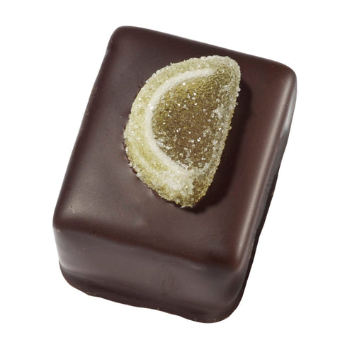 Jag Couture London dark praline with crystallized lemon pieces, 19.7g, showing the chocolate bar with lemon accents and textured surface.
