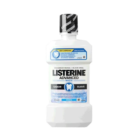 Jag Couture London New York Listerine Advanced White Mouthwash 500ml bottle with clear label and cap on a white background.