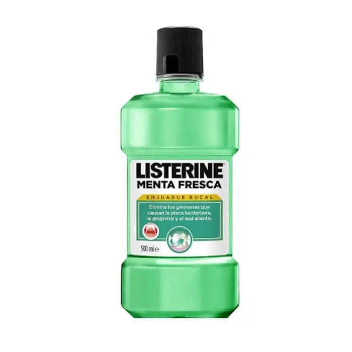 Listerine Fresh Mint Mouthwash 500ml bottle by Jag Couture London New York, with vibrant label and cap visible.