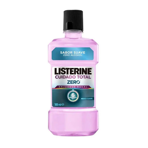 Listerine Total Care Zero Alcohol Mouthwash 500ml bottle with clear label, featuring blue and white packaging.