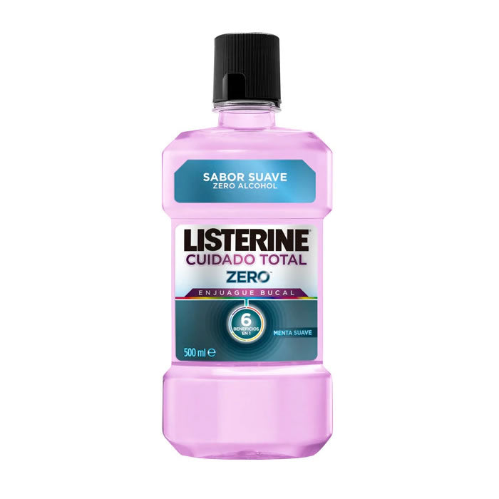 Jag Couture London New York Listerine Total Care Zero Alcohol Mouthwash 500ml bottle, clear liquid in a blue cap bottle