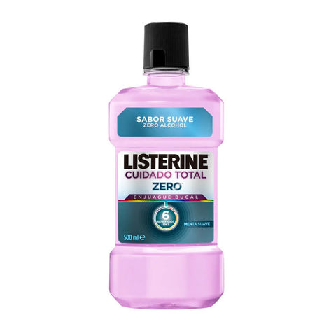 Jag Couture London New York Listerine Total Care Zero Alcohol Mouthwash 500ml bottle, clear liquid in a blue cap bottle