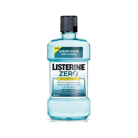 Listerine Zero alcohol mouthwash in soft mint flavor, 500ml bottle with label, by Jag Couture London New York.