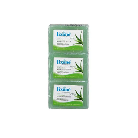 Lixoné Aloe Vera soap for dry or sensitive skin, 3x125g, by Jag Couture London New York, with fresh aloe vera plant in natural setting