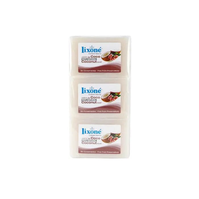 Lixoné Coconut Soap for dry skin by Jag Couture London New York, 3 bars of 125g each, with coconut ingredients and moisturizing formula.