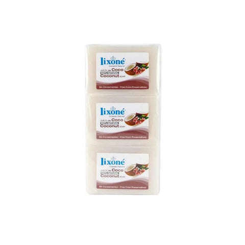 Lixoné Coconut Soap for dry skin by Jag Couture London New York, 3 bars of 125g each, with coconut ingredients and moisturizing formula.