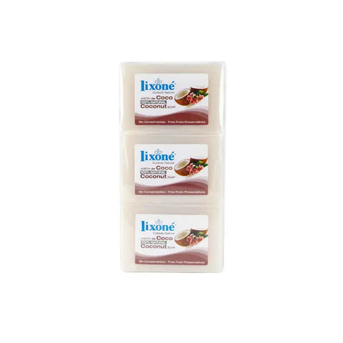 Lixoné Coconut Soap for dry skin, 3x125g packs from Jag Couture London New York, showing three bars of soap with coconut imagery.