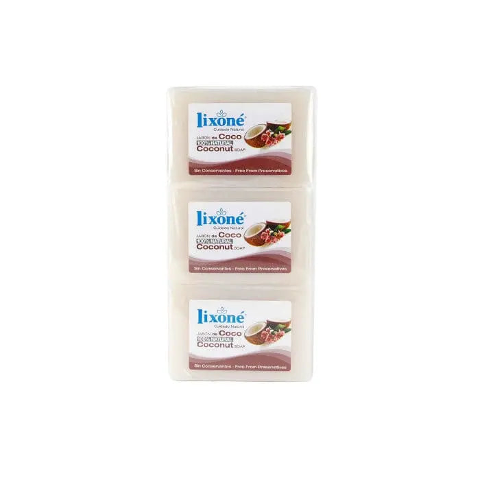 Lixoné Coconut Soap for dry skin, 3 x 125g bars by Jag Couture London New York, showcasing three soap bars with coconut scent.