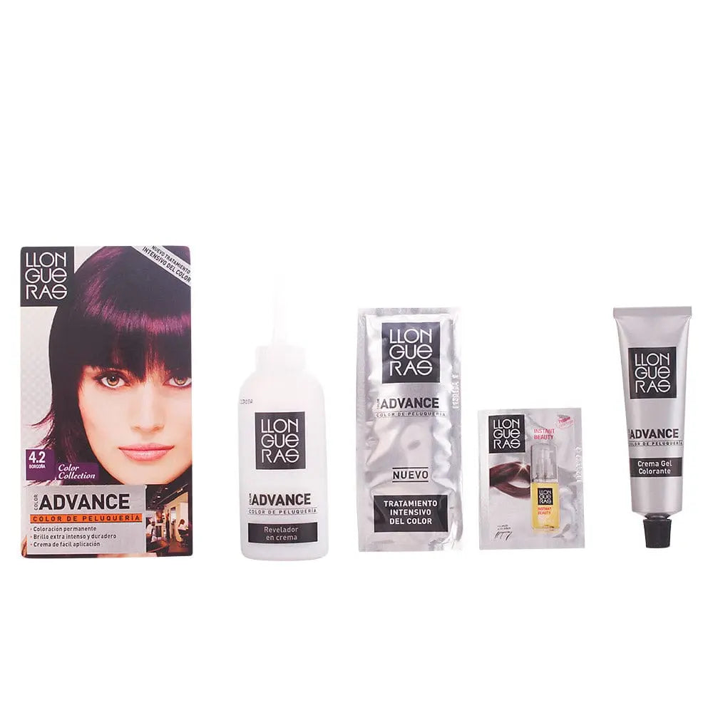 Llongueras Color Advance hair color in shade 4.2 Bourgogne, showcasing rich burgundy hair color with a smooth finish.