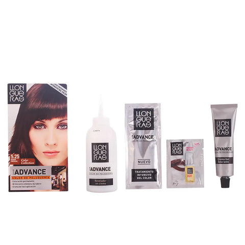 Llongueras Color Advance hair dye in shade 5.25 Brown Chocolate, showing the rich brown color and packaging with branding details.