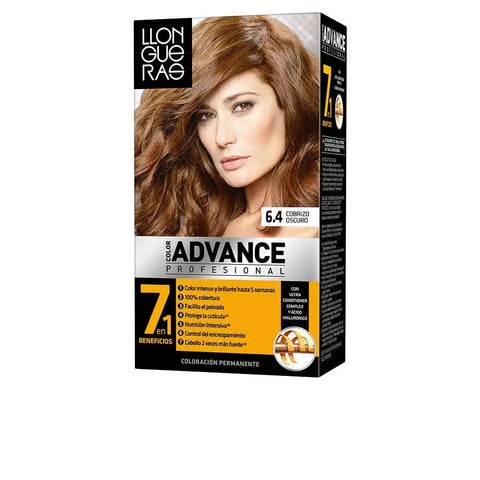 Llongueras Color Advance hair dye in shade 6.4 Cobrizo Oscuro, with brand packaging from Jag Couture London New York, showing the color tube