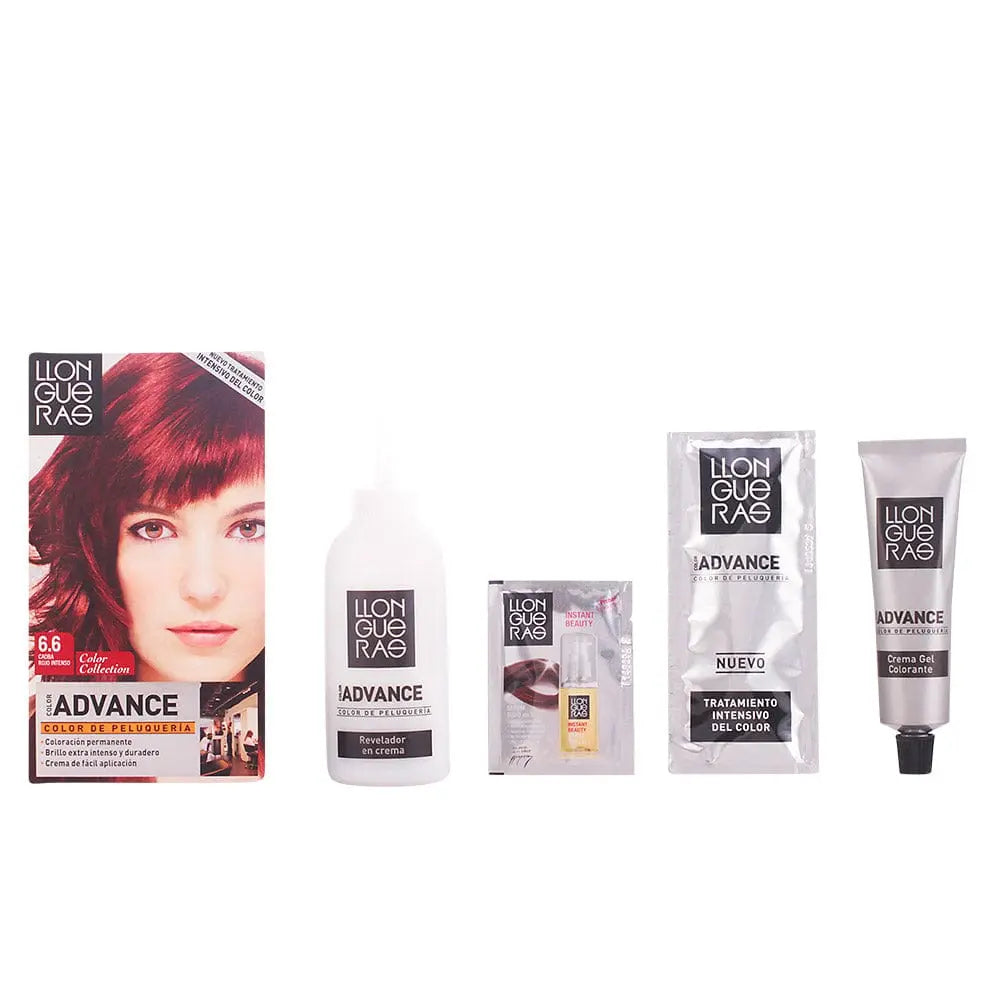 Llongueras Color Advance Hair Color 6.6 Dark Red Intense tube with brand label, showcasing rich red hair dye product.