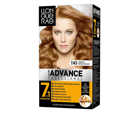 Llongueras Color Advance hair color 7.43 Cobrizo Medio Dorado by Jag Couture London, showing the warm copper blonde shade.