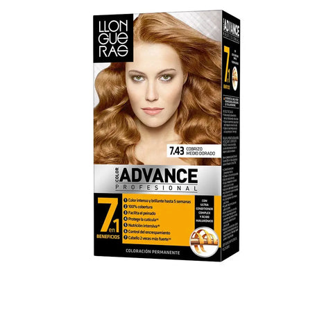 Llongueras Color Advance hair color in shade 7.43 Cobrizo Medio Dorado, showcasing vibrant, warm blonde-copper tones.