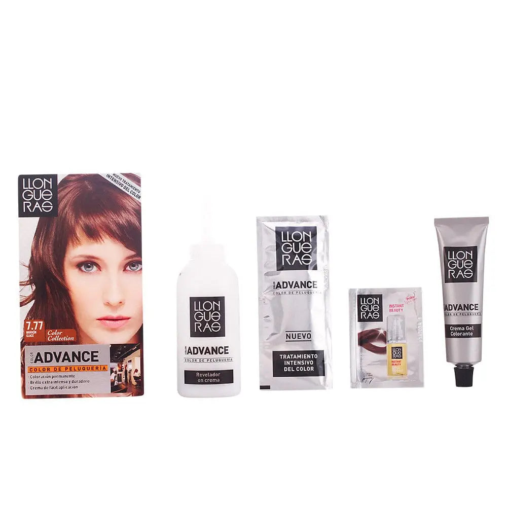 Llongueras Color Advance hair color 7.77 Iced Brown from Jag Couture London New York, shown in a hair color swatch.