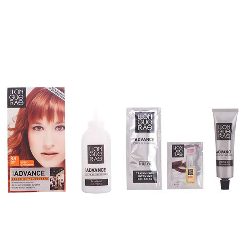 Llongueras Color Advance hair color in 8.4 Light Copper, showing the vibrant copper shade in a hair color tube.