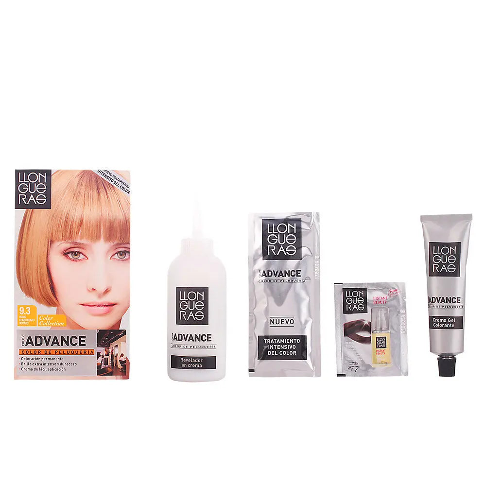 Llongueras Color Advance hair color in 9.3 Golden Light Blonde, shown in a tube with golden blonde hair sample.