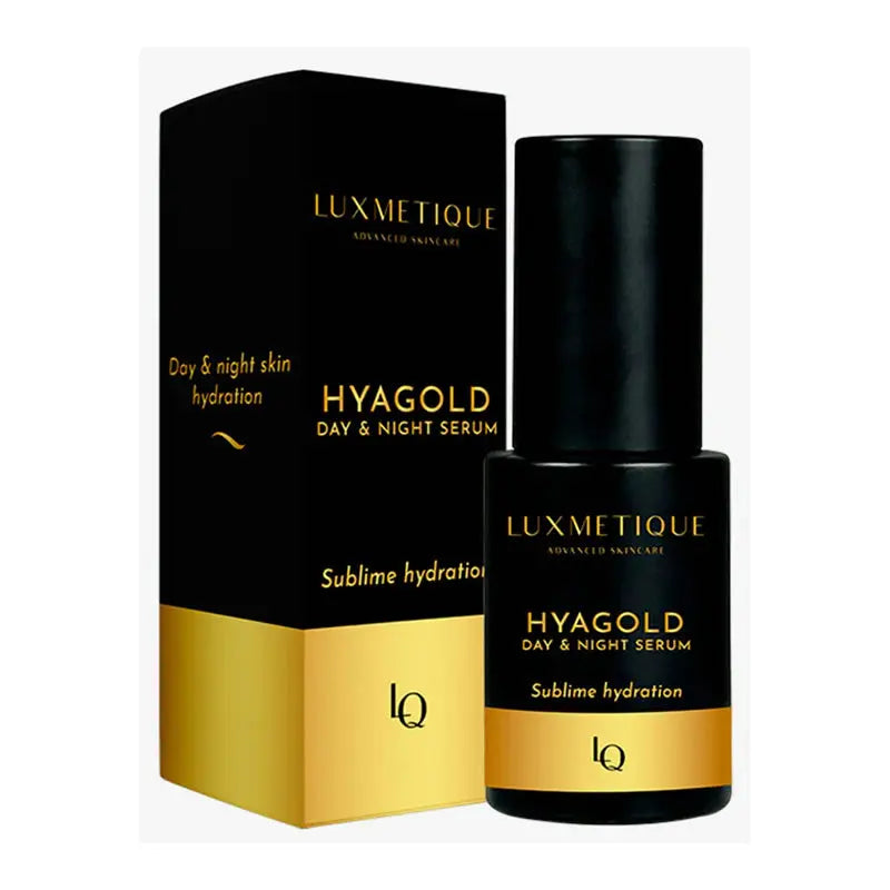 Luxmetique Hyagold Day & Night Serum by Jag Couture London, 30ml bottle with elegant packaging, showcasing skincare for glowing skin.